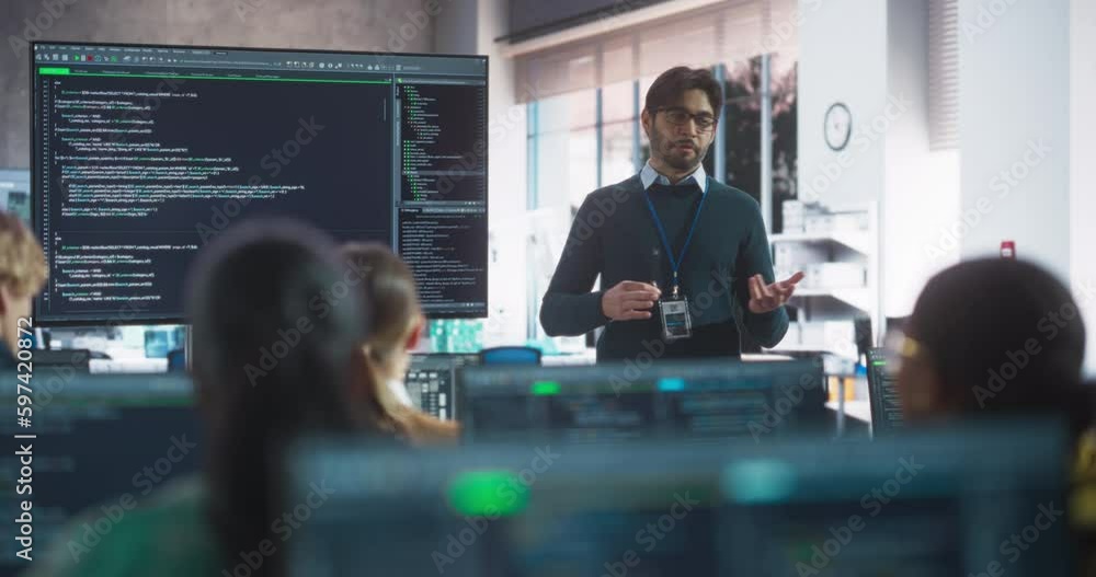 Poster Portrait of a Teacher Giving Computer Science Lecture to Diverse Multiethnic Group of Students in a College Room. Projecting Slideshow with Programming Code. Explaining Information Technology