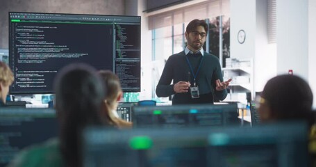 Portrait of a Teacher Giving Computer Science Lecture to Diverse Multiethnic Group of Students in a College Room. Projecting Slideshow with Programming Code. Explaining Information Technology - Powered by Adobe