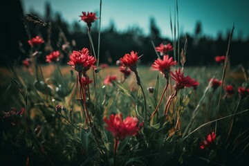 Red flowers grow in a meadow. Generative AI