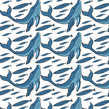 Vector abstract seamless pattern on the theme of travel, adventure and discovery. Vintage repeating background with hand drawn sketches of fish, whale.