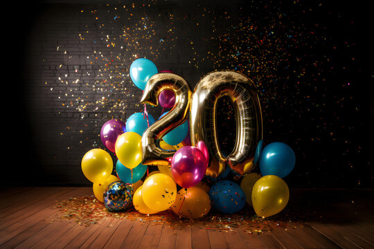 Fête anniversaire avec ballons d'hélium dorés et colorés pour célébrer les 20 ans » IA générative