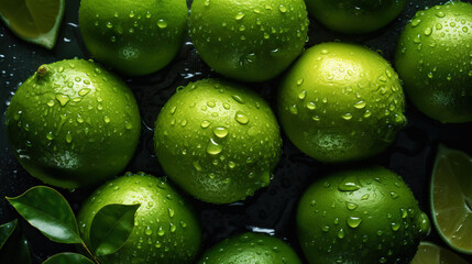 Fresh ripe limes with water drops background. Fruits backdrop. Generative AI