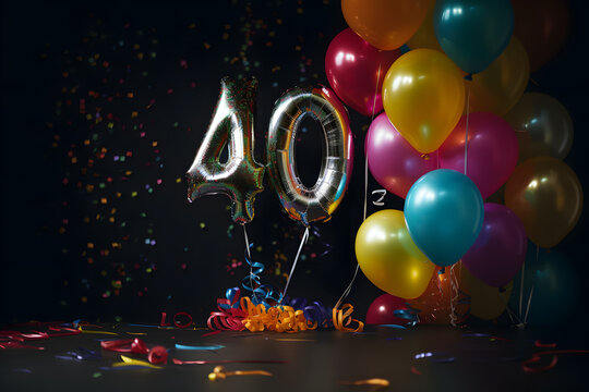 Fête anniversaire avec ballons d'hélium argentés et colorés pour célébrer les 40 ans » IA générative