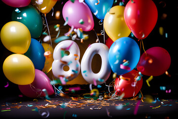 Fête anniversaire avec ballons d'hélium blancs et colorés pour célébrer les 80 ans » IA générative