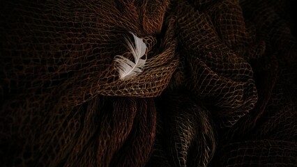 white feather on fishing net as background