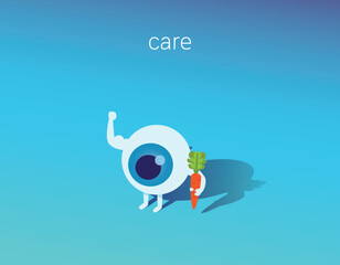 Strong healthy white eye, 3d isometric illustration icon. Food for Eyes care. Medical healthcare concept. eyeball with a carrot. Healthy nutrition Vector flat icon cartoon character design. 