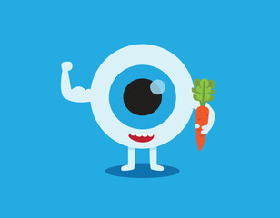 Strong healthy white eye, Food for Eyes care. Medical healthcare concept. eyeball with a carrot. Healthy nutrition Vector flat icon cartoon character design. Isolated on blue backgound