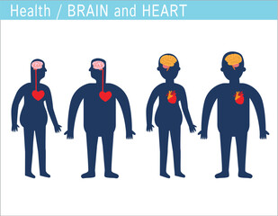 Cartoon human body silhouette with brain and heart. Male and female. Mind and feelings concept vector illustration.