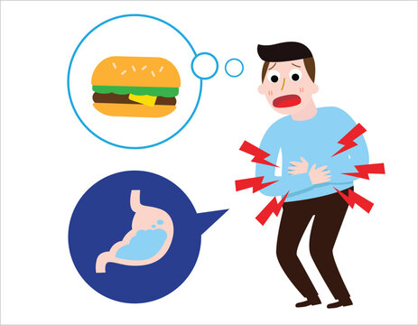 man suffering sad man is hungry. thinks about burger. stomach ache concept. Vector flat cartoon illustration icon design. Isolated on white background.