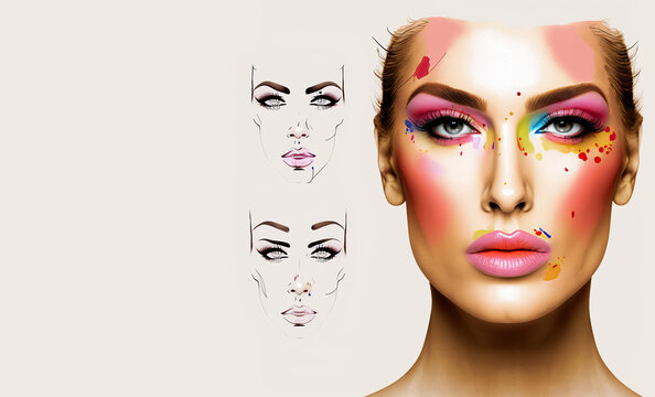 Face chart For Make Up workshop template. Cosmetics and make up concept. Generative AI
