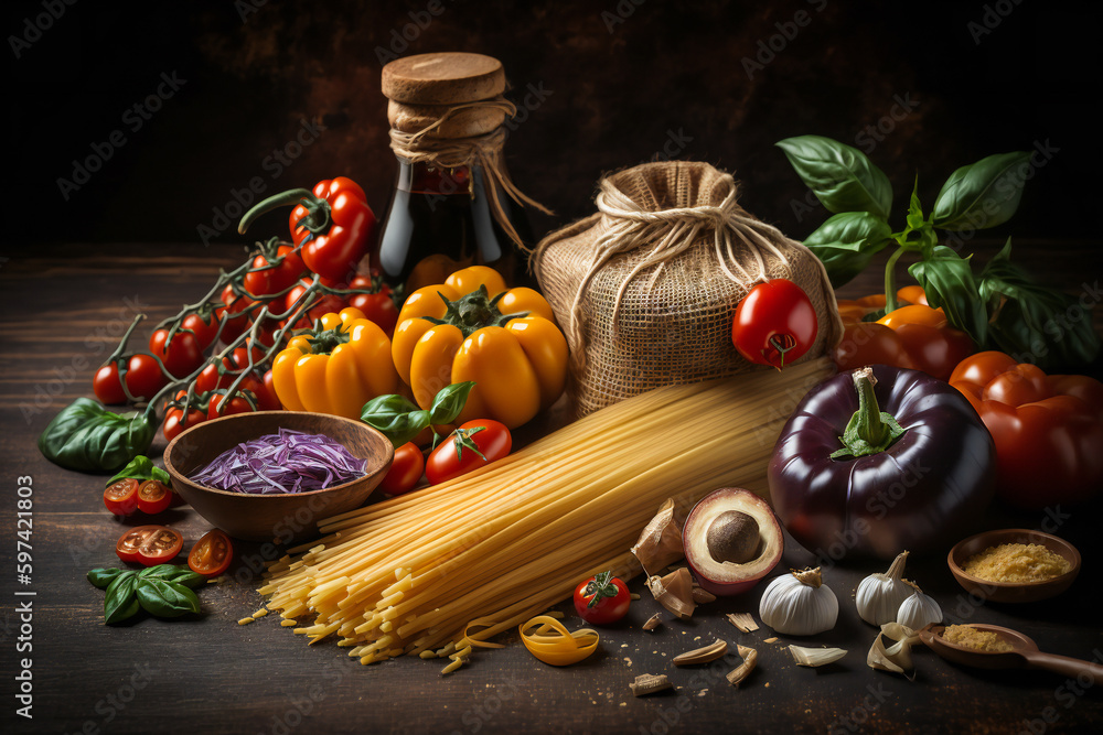 Poster raw food on a wooden table. created with generative ai technology.