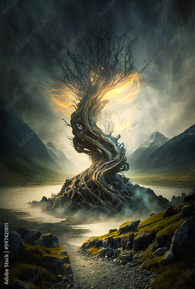 Poster a twisted dried tree trunk in a dark, misty, mysterious place. created with generative ai technology