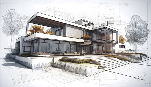 Sketch of building design of modern family house