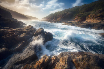 Obraz premium Illustration of a dramatic seascape under morning light. Created with Generative AI technology.