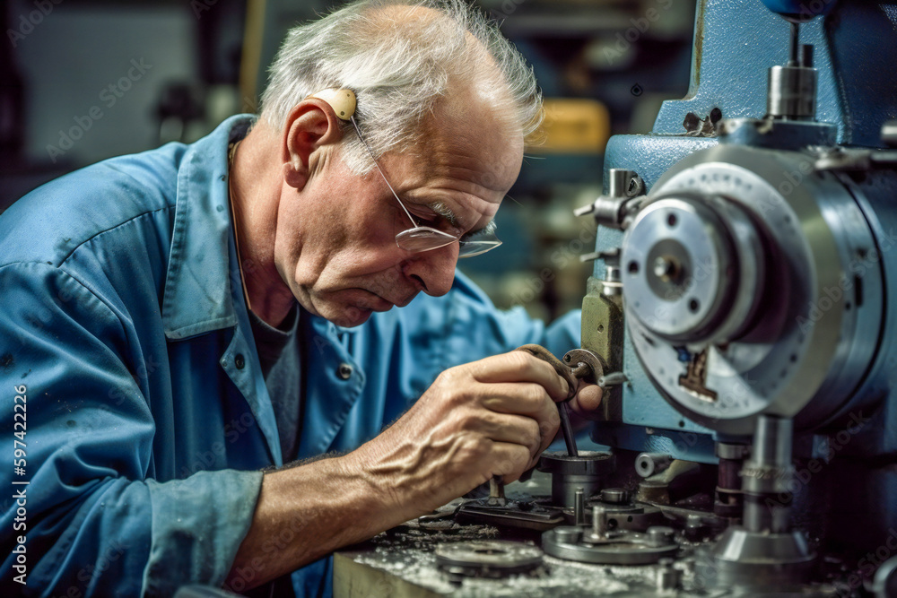 Poster machinist working at a generic machine in a factory or workshop. created with generative ai technolo