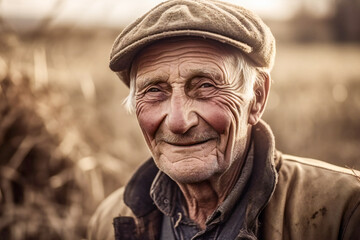 Obraz premium Portrait of an old peasant smiling. Wheat field in background. Created with Generative AI technology.