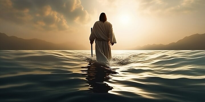 Jesus Christ walking on water on the sea of Galilee. Generative AI technology.