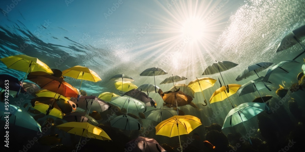 Poster a group of umbrellas floating in the water. ai generative image.