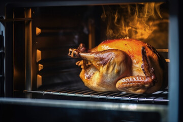 Thanksgiving turkey in the oven for Thanksgiving day or Christmas dinner. AI generative.