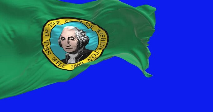 Washington state flag waving isolated on a blue background