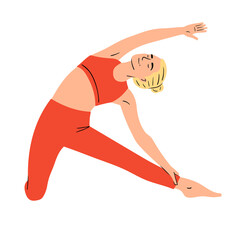 Femme blonde qui fait une posture de yoga, sport à la maison