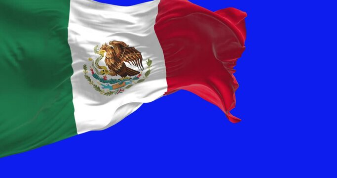 Mexican national flag waving isolated on a blue background