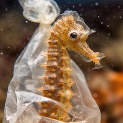 Close up of seahorse in stuck in a plastic bag on coral reef. sea pollution concept. generative AI