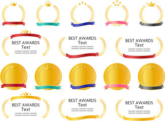 王冠と月桂冠のランキング・受賞メダルのアイコンパーツ、カラフルなリボンセット