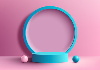 3D realistic modern style empty blue podium stand with blue circle backdrop decoration with balls on pink background and natural lighting