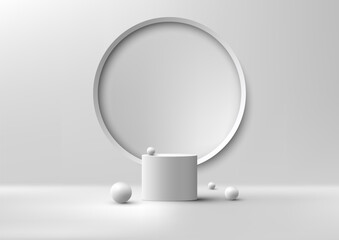3D realistic modern style empty white podium platform decoration with white ball and circle wall scene background