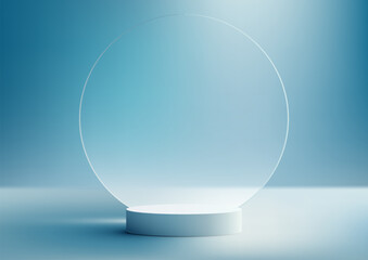 3D realistic white podium stand with circle transparent glass backdrop and natural light on minimal wall scene blue background