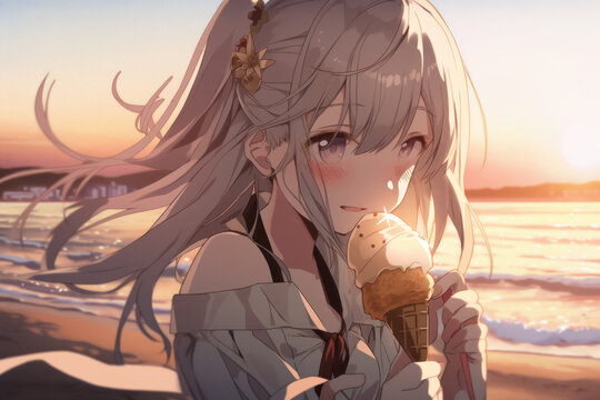 Cute girl eating ice cream by the sea, Generative AI