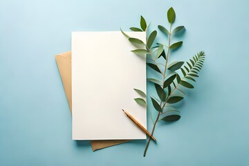 blank notebook and natural eucalyptus twigs isolated on pastel blue background with copy space