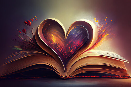 Heart book, Pages of book curved into a heart shape. World Book and Copyright Day, Oil painting effect. Generative Ai