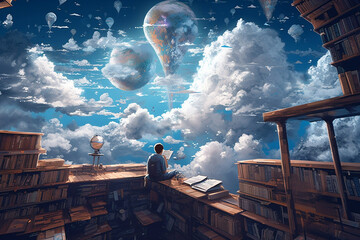 a young guy among books and clouds, the world of dreams, reading literature, created by a neural network, Generative AI technology - obrazy, fototapety, plakaty