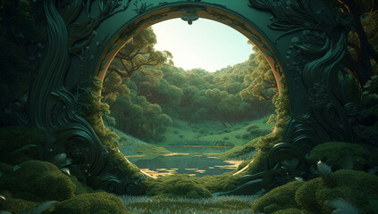 round fantastic portal in the forest, created by a neural network, Generative AI technology - obrazy, fototapety, plakaty