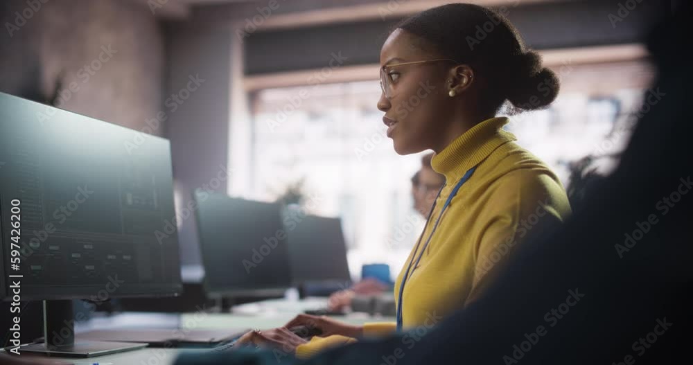 Aufkleber african american female student in glasses studying in modern school with diverse multiethnic classm