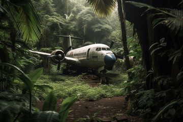 an abandoned plane in the jungle, created by a neural network, Generative AI technology