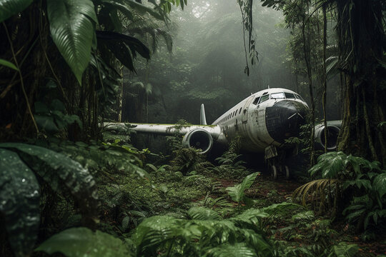 an abandoned plane in the jungle, created by a neural network, Generative AI technology