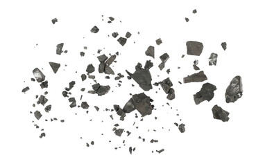 Black coal dust with effect fragments explosion isolated on white background and texture, clipping...