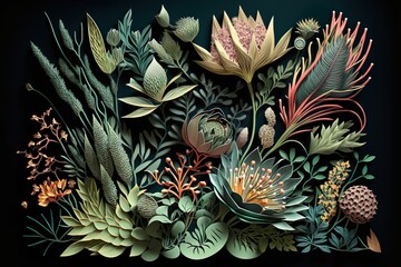 Magic tropical flowers reminiscent of a 17th-century Dutch still life. The flowers are depicted in detail. Generative AI