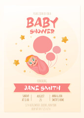 Cute  baby girl. Happy child. Vector illustration isolated on white background. Baby shower welcome greeting card.	