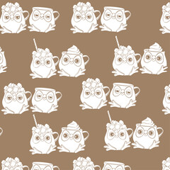pattern with drawn contour owl cup with coffee