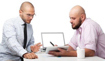 Fototapeta premium Team of serious businesspeople working on office desk