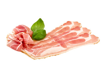 Italian prosciutto crudo or spanish jamon. Jerked meat, isolated on white background.