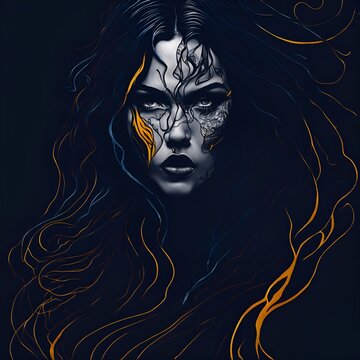 Belle Donna Ragazza con Flusso di Colore Nero, Tatuaggi