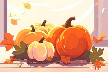 Naklejka na ściany i meble festive autumn display featuring a stack of pumpkins on a windowsill. Generative AI