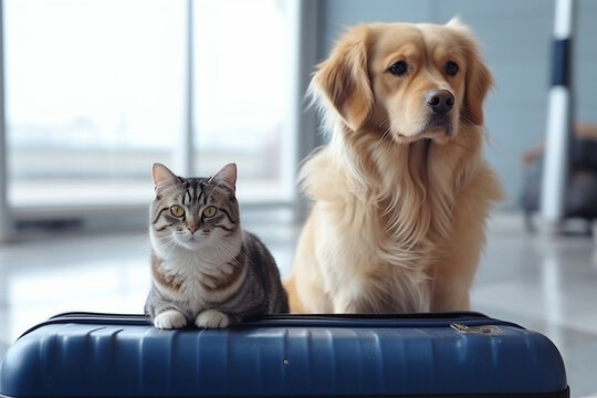 Cat And Dog With A Suitcase At The Airport, Created By A Neural Network, Generative AI Technology