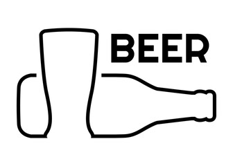 Obraz premium Logo cervecería. Botella de cerveza y vaso con línea contínua con palabra Beer