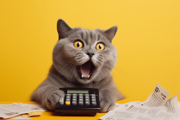 cat accountant, a cat with a calculator and bills, created by a neural network, Generative AI technology - obrazy, fototapety, plakaty